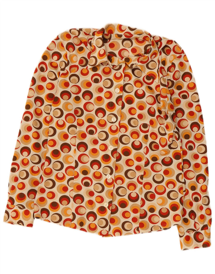 Vintage mujer camisa blusa Reino Unido 10 pequeña poliamida geométrica multicolor