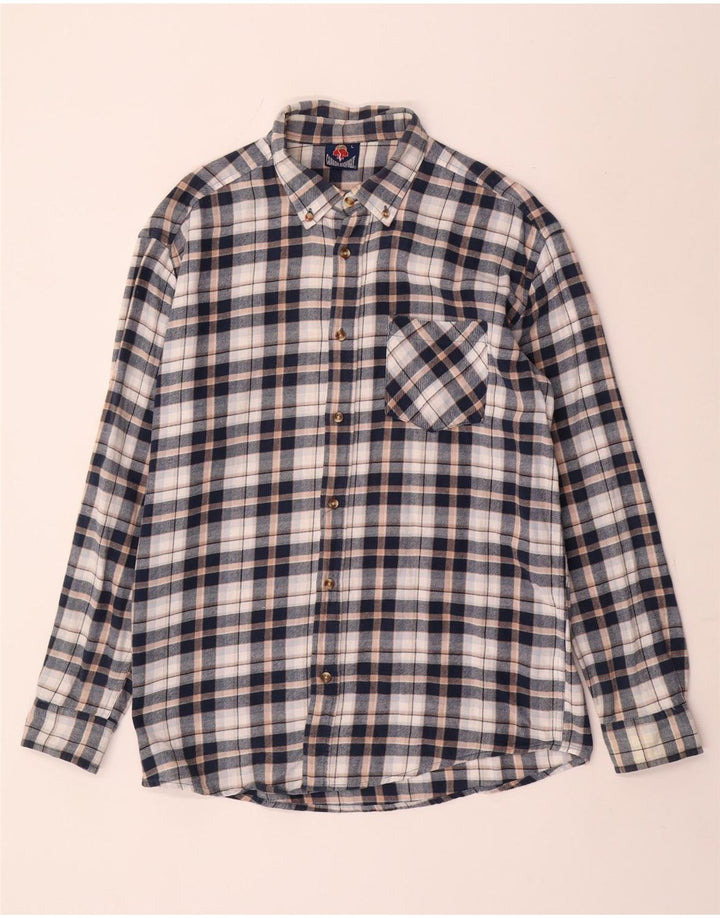 Vintage hombres franela camisa grande azul marino comprobar algodón