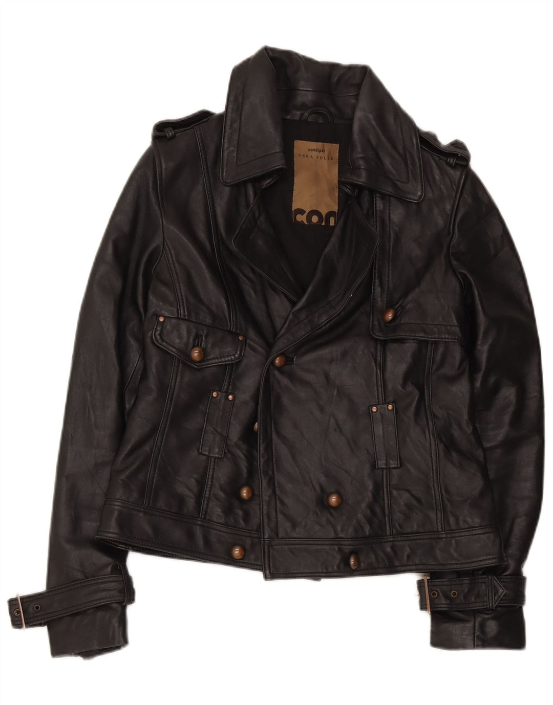 Conbipel Chaqueta de cuero de doble botonadura para mujer UK 12 Medium Black Leather