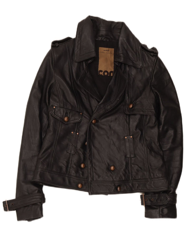 Conbipel Chaqueta de cuero de doble botonadura para mujer UK 12 Medium Black Leather