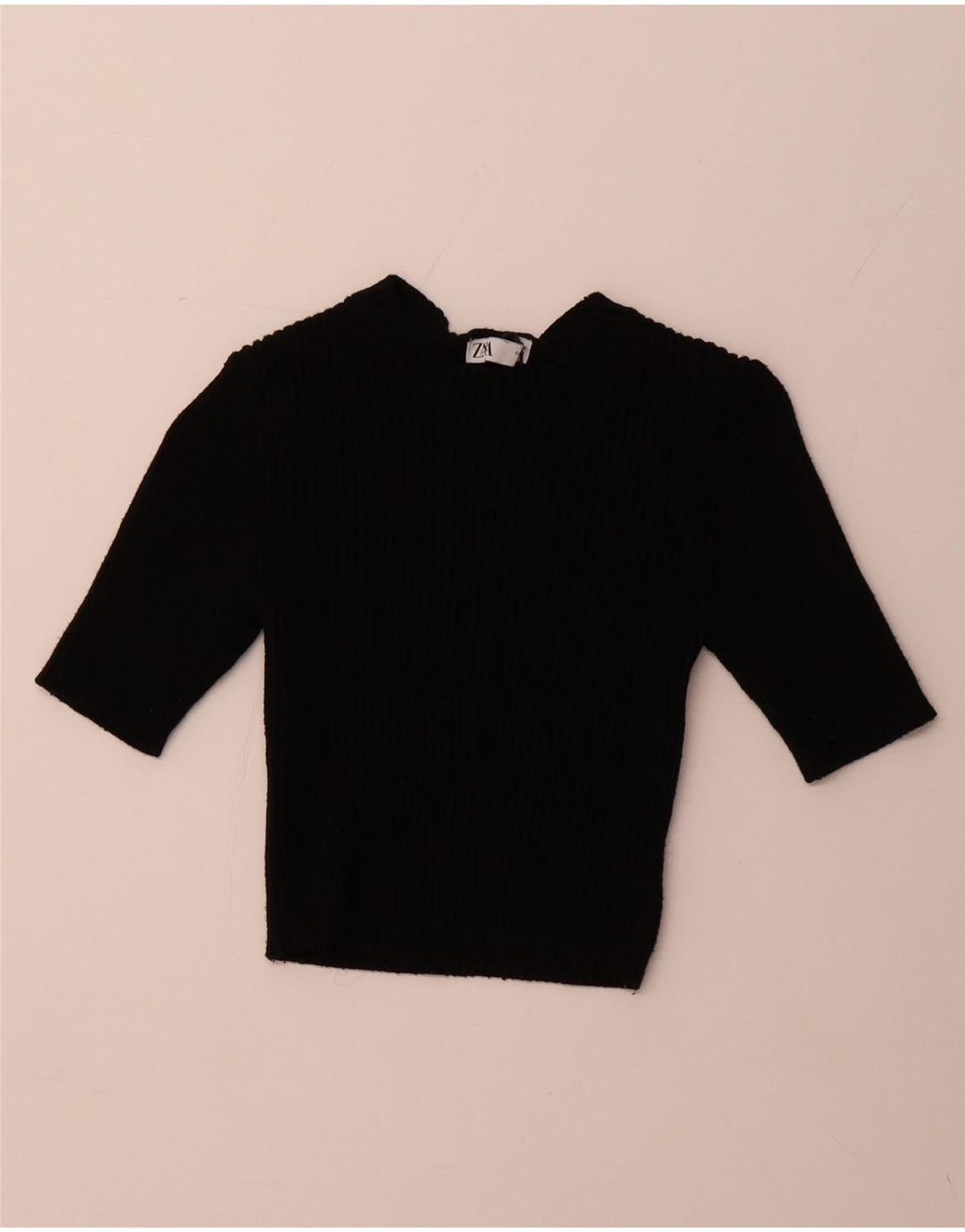 ZARA Jersey corto con cuello barco y manga 3/4 para mujer, talla 40, color negro