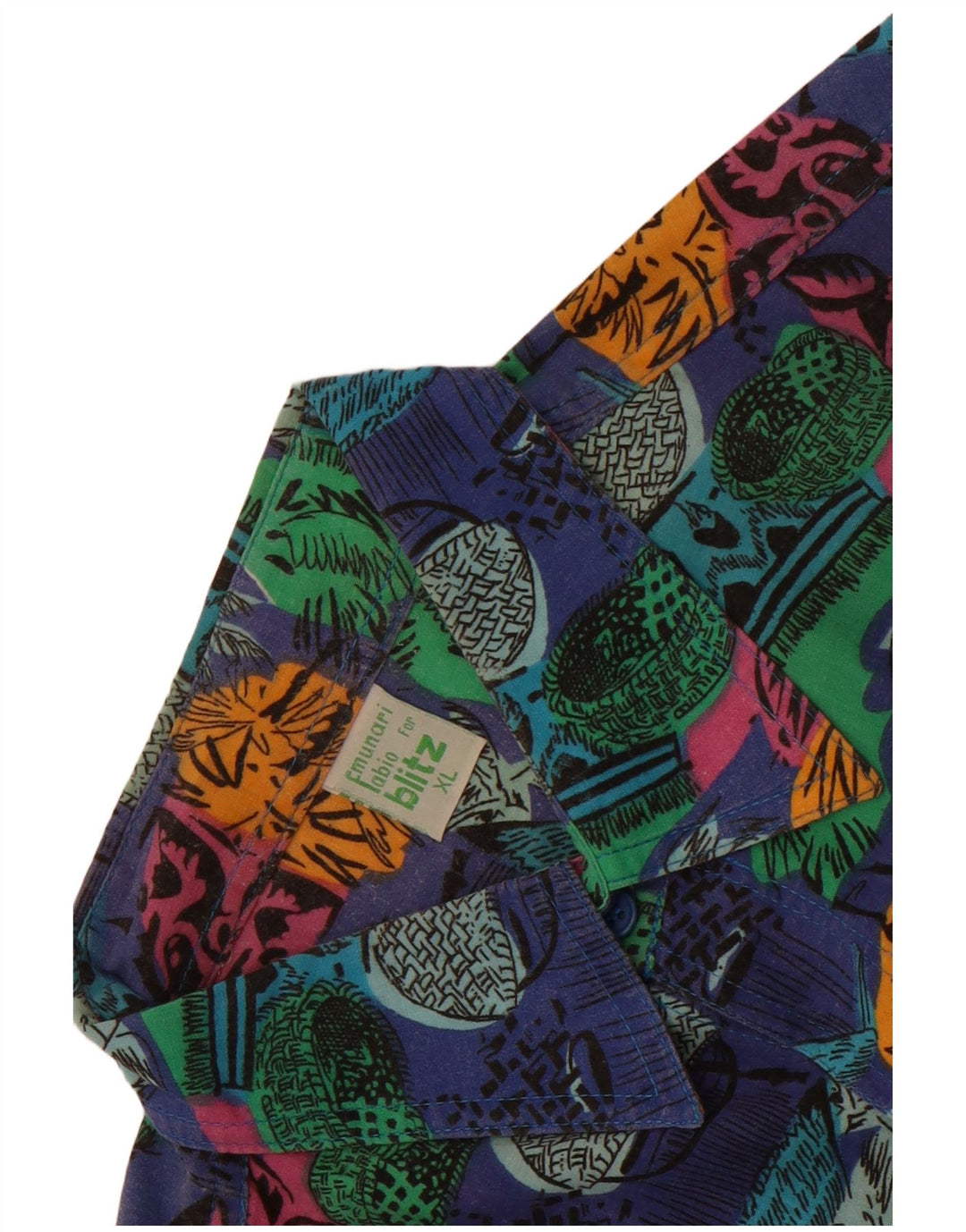 Vintage hombres patrón abstracto camisa de manga corta XL algodón azul