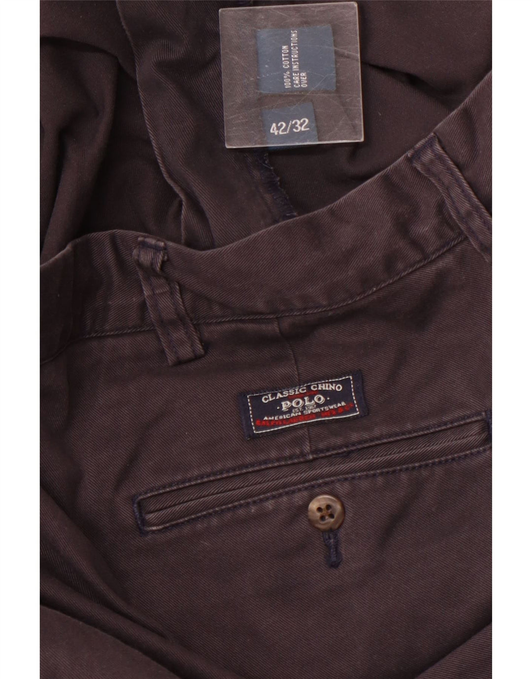 POLO RALPH LAUREN Pantalón chino con pinzas para hombre W42 L32 Algodón azul marino