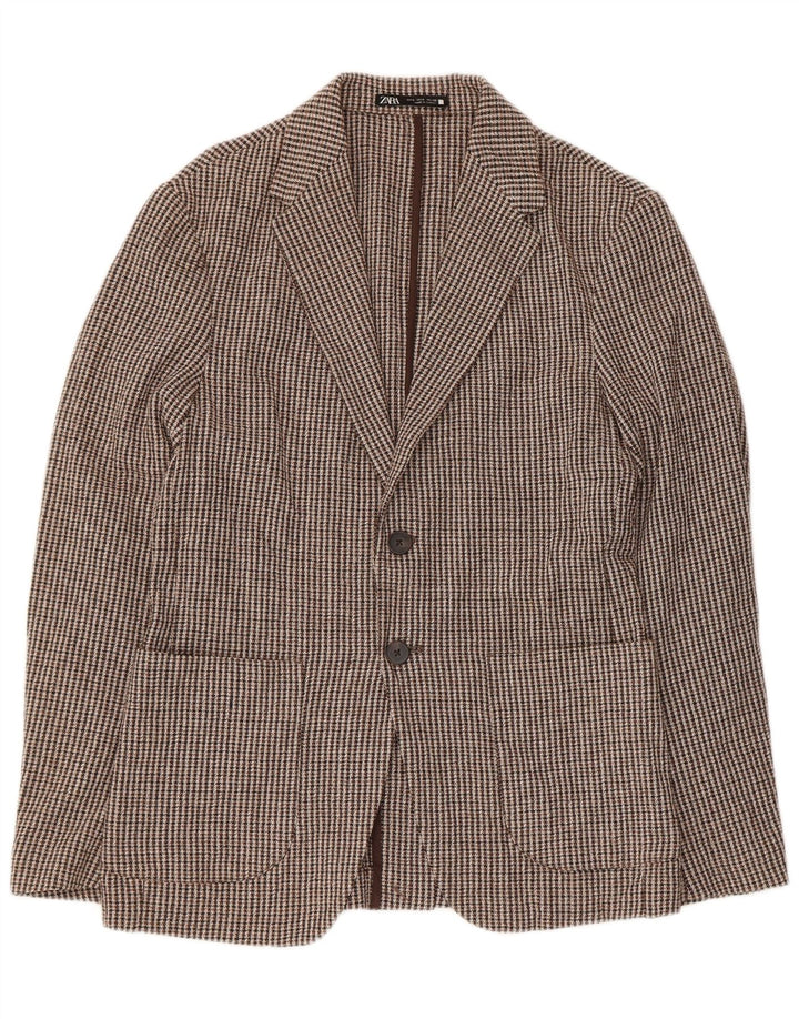 Zara Chaqueta tipo blazer de 2 botones para hombre UK 36 Small Brown Houndstooth