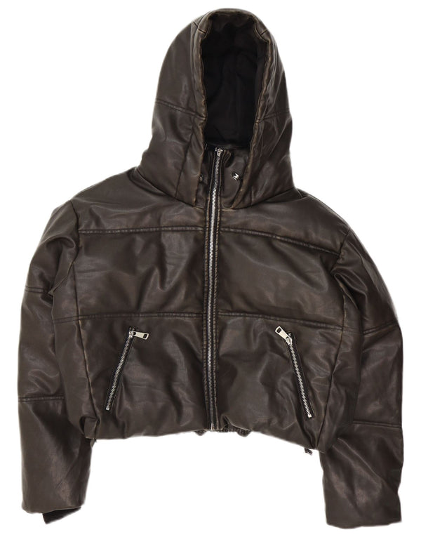 Zara Chaqueta Acolchada De Piel Sintética Con Capucha De Gran Tamaño Para Mujer UK 44 Mediano Negro