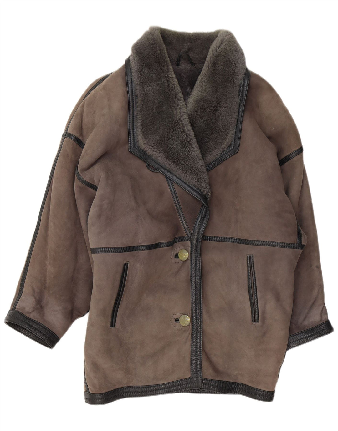 Vintage mujer oversize shearling abrigo Reino Unido 20 2XL cuero gris