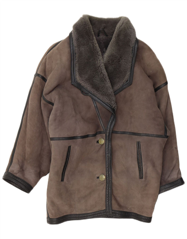 Vintage mujer oversize shearling abrigo Reino Unido 20 2XL cuero gris