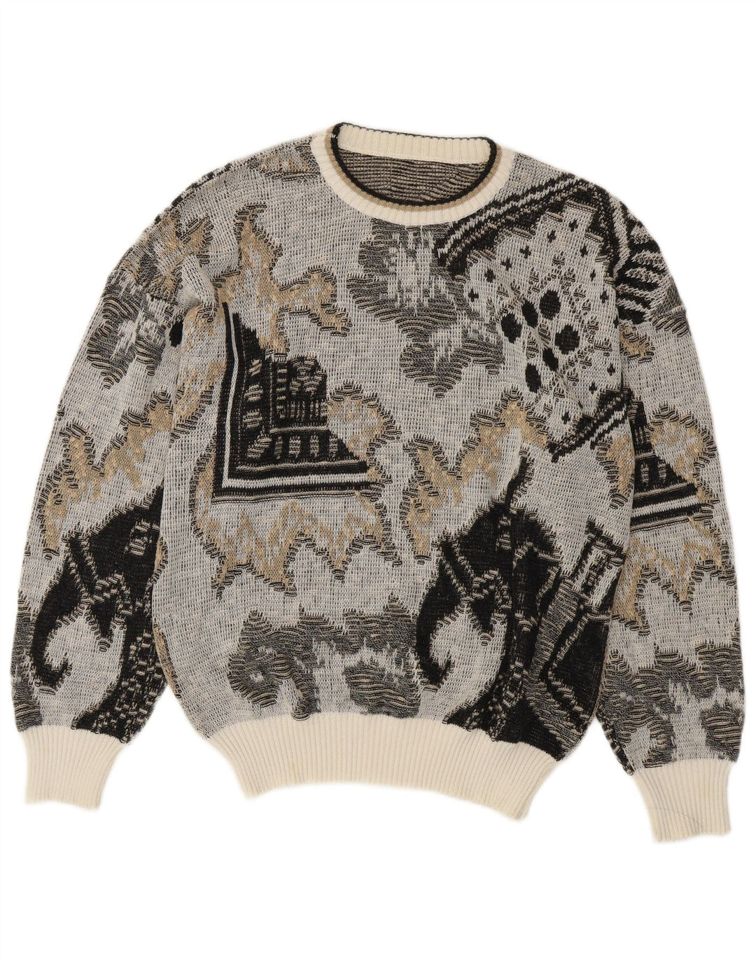 Vintage hombres cuello redondo jersey suéter gris medio algodón geométrico