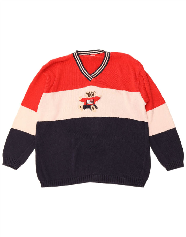 Vintage hombres gráfico V-cuello jumper suéter grande multicolor colorblock