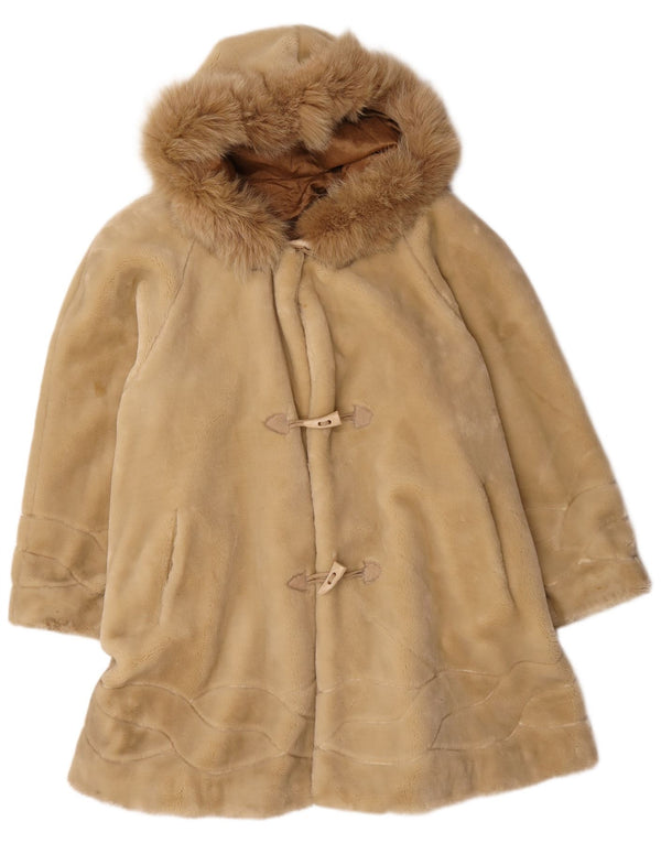 Vintage mujeres de gran tamaño con capucha piel sintética Duffle abrigo Reino Unido 14 beige medio