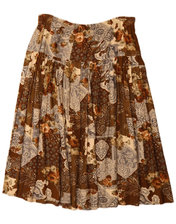 Vintage mujer plisada falda acampanada W36 XL marrón floral viscosa