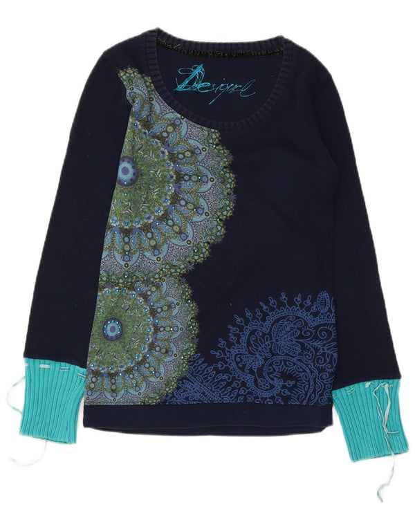 Desigual Womens Graphic Top Long Sleeve UK 10 Small Navy Blue Floral Cotton