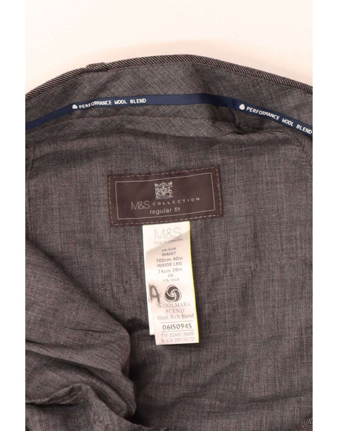 Marks & Spencer Pantalones de traje rectos de corte regular para hombre W40 L29 Lana gris