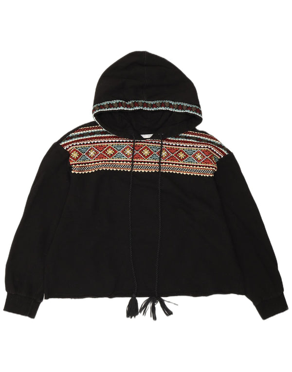 Zara Mujer Oversize Crop Sudadera con Capucha Jumper UK 10 Small Negro Geométrico Algodón