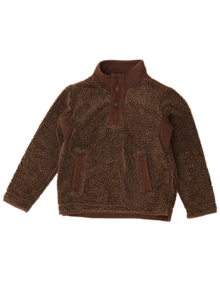 Fat Face Jersey de forro polar con cuello con botones y gráfico de esquí para niños 8-9 años Marrón