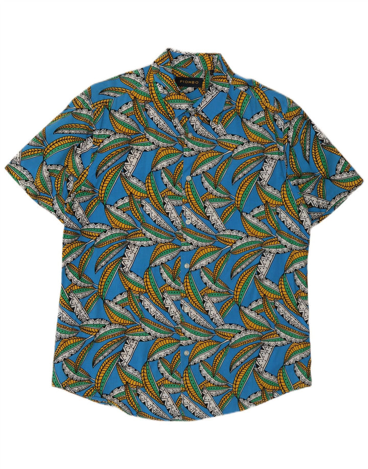 Piombo Hombre Camisa Manga Corta Algodón Floral Azul Medio