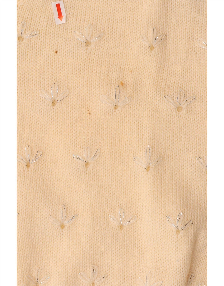 VINTAGE Mujer V-Cuello Jumper Suéter Reino Unido 14 Medio Off Blanco Floral