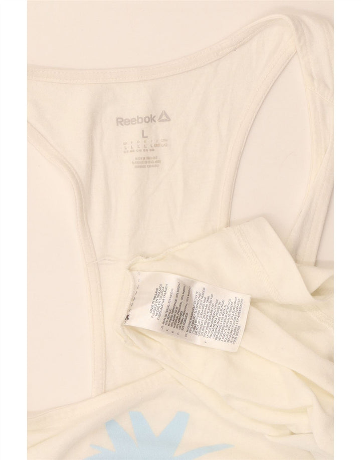 REEBOK Top sin mangas gráfico para mujer UK 40/40 Grande Modal blanco