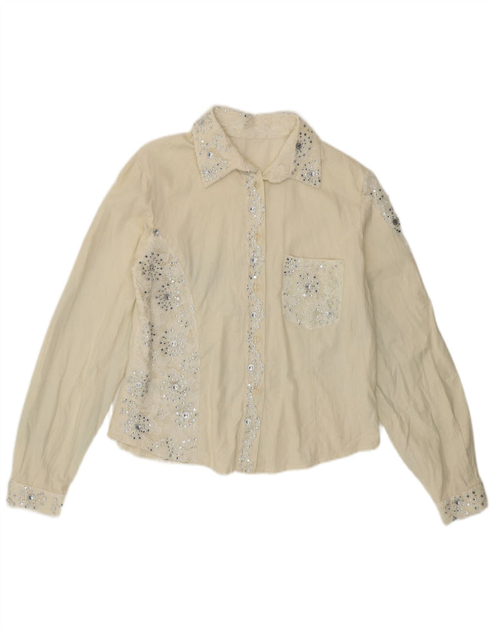Vintage mujer camisa blusa Reino Unido 12 medio apagado blanco floral