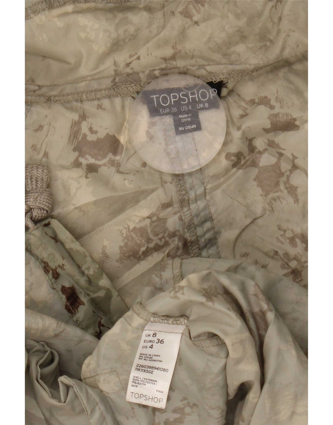 Topshop Parka con capucha para mujer UK 8 Small Verde Camuflaje Poliéster