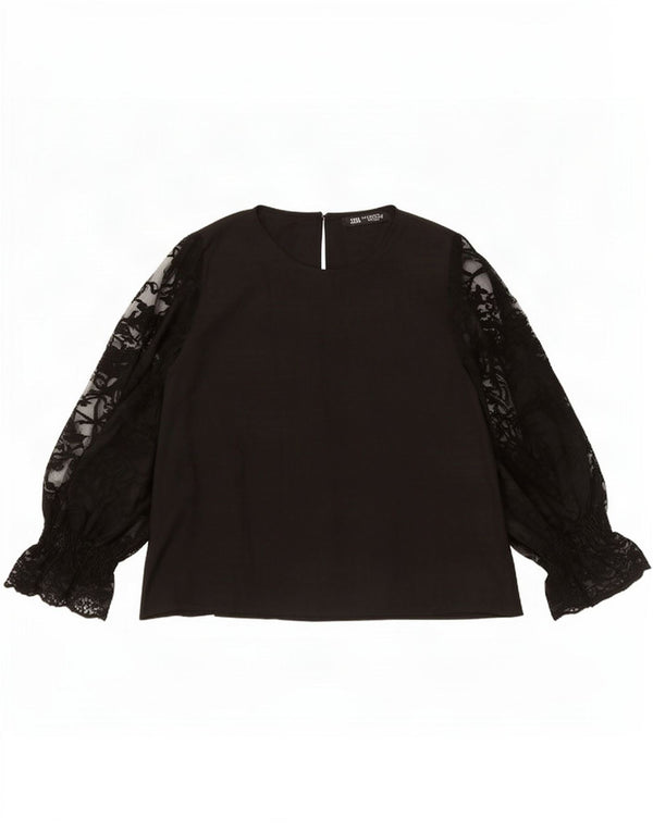 Zara Mujer Blusa Manga Larga Top UK 44 Medio Negro Poliéster