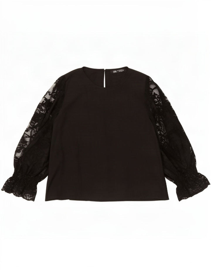 Zara Mujer Blusa Manga Larga Top UK 44 Medio Negro Poliéster