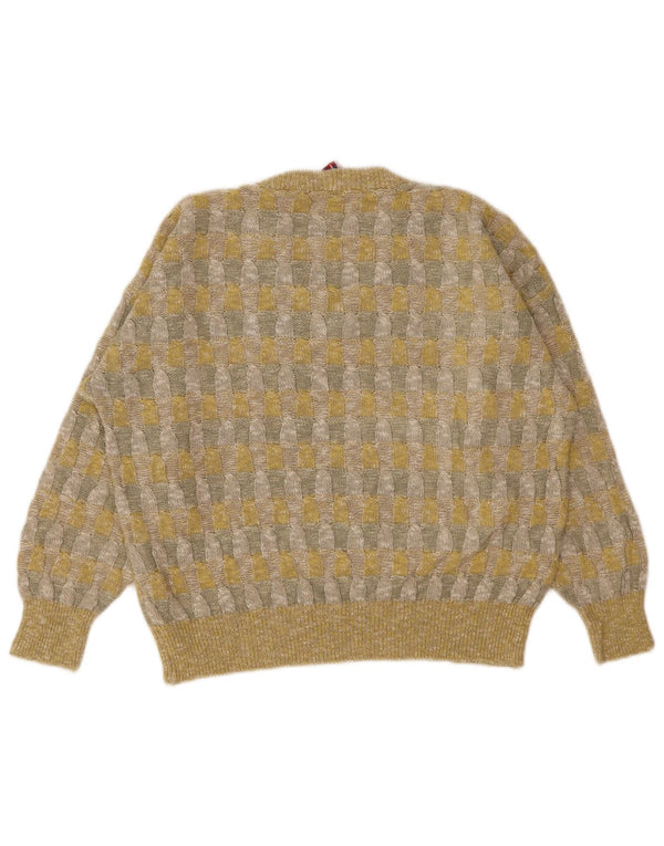 Vintage mujer V-cuello jumper suéter Reino Unido 18 XL lino geométrico amarillo