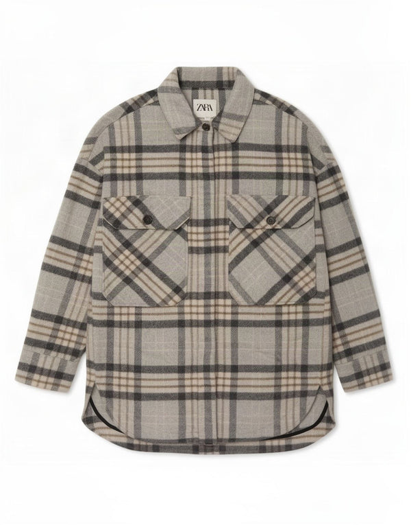 Zara Mujer Camisa De Franela Sobrecamisa UK 6 XS Poliéster A Cuadros Gris