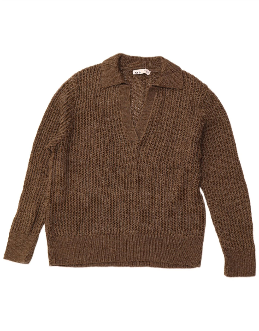 ZARA Mujer Polo Cuello Jersey Jersey UK 40 XL Acrílico Marrón