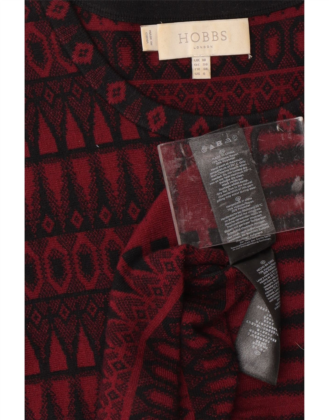 HOBBS Vestido tipo jersey de manga 3/4 para mujer, talla 40, talla pequeña, viscosa geométrica roja