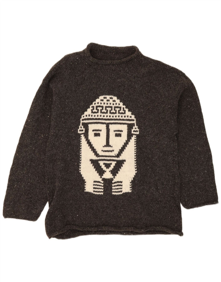 Vintage hombres gráfico tortuga cuello jumper suéter medio gris moteado azteca