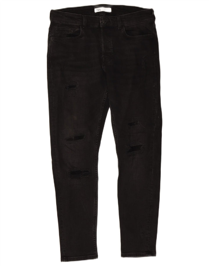 ZARA Vaqueros pitillo desgastados para hombre EU 42 Large W32 L28 Negro
