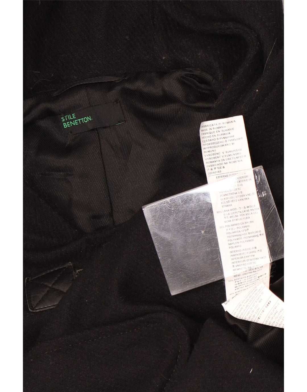 Benetton Trenca Con Capucha IT 42 Medium Negro Lana