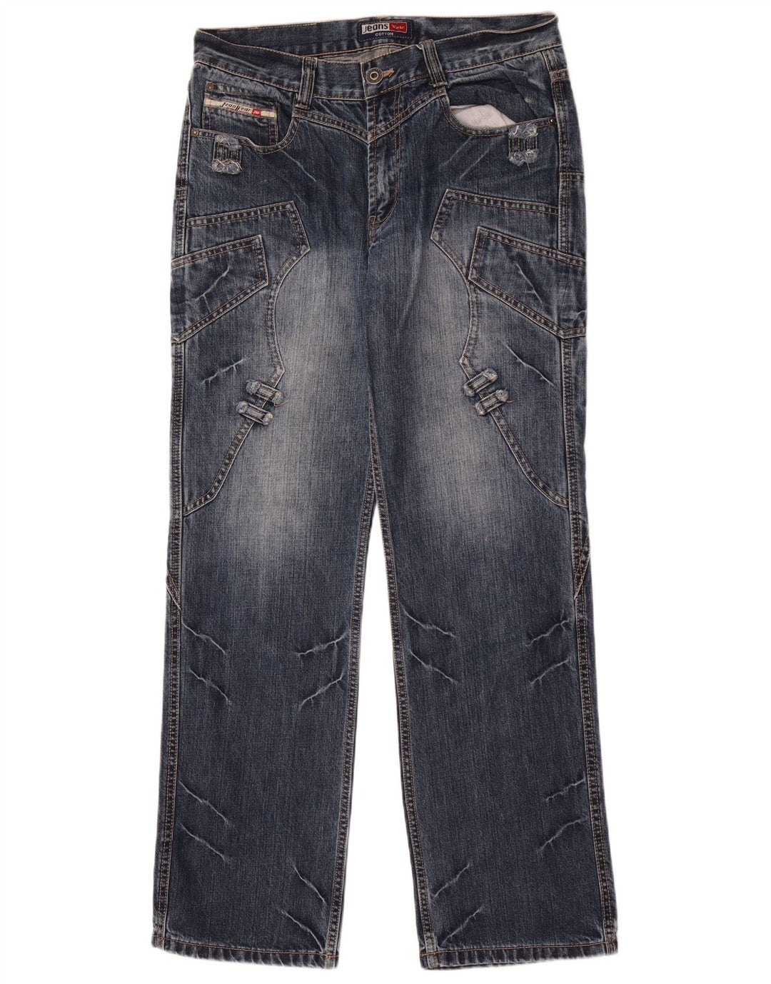 Vaqueros rectos vintage para hombre W32 L32 algodón patchwork azul