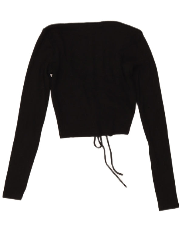 Zara Mujer Crop Front Tie Top Manga Larga UK 12 Medium Negro Algodón