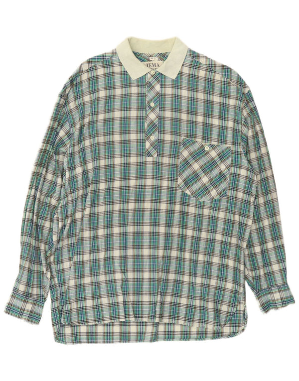 Vintage hombres pullover camisa medio verde comprobar algodón