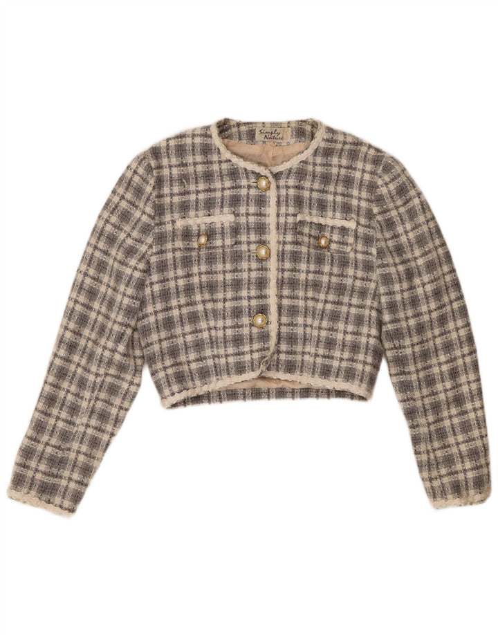 Vintage mujer 3 botones chaqueta bolero EU 36 pequeño gris cheque acrílico