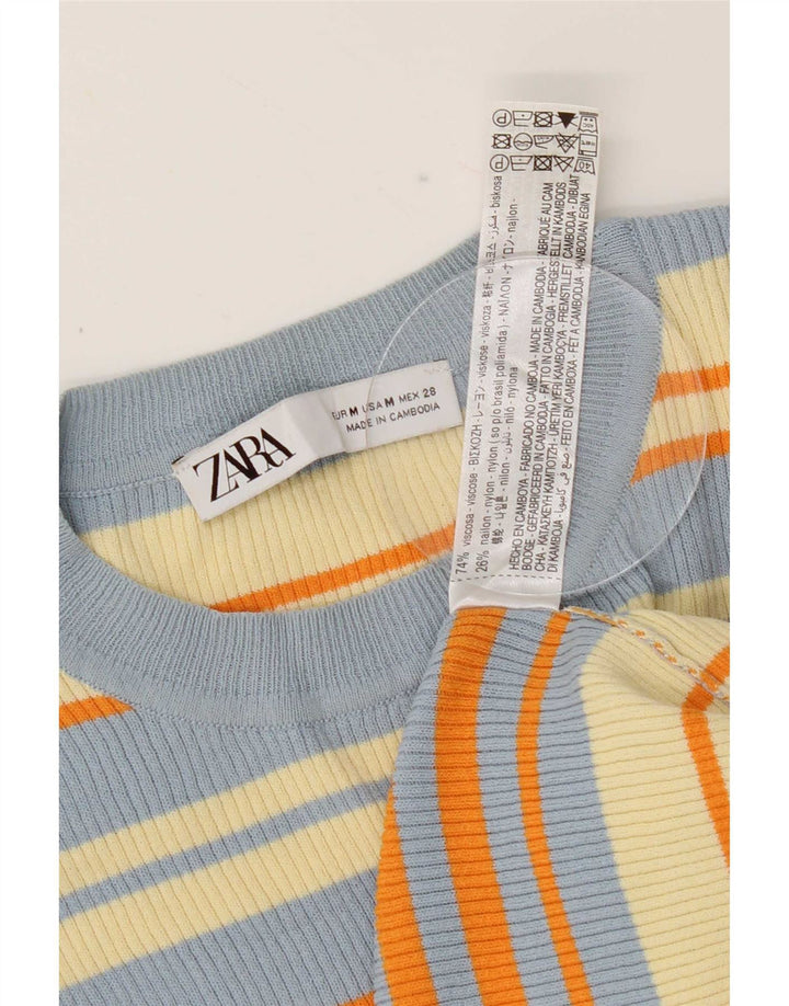 Zara Mujer Crop Blusa Top UK 40 Medio Viscosa De Rayas Multicolor