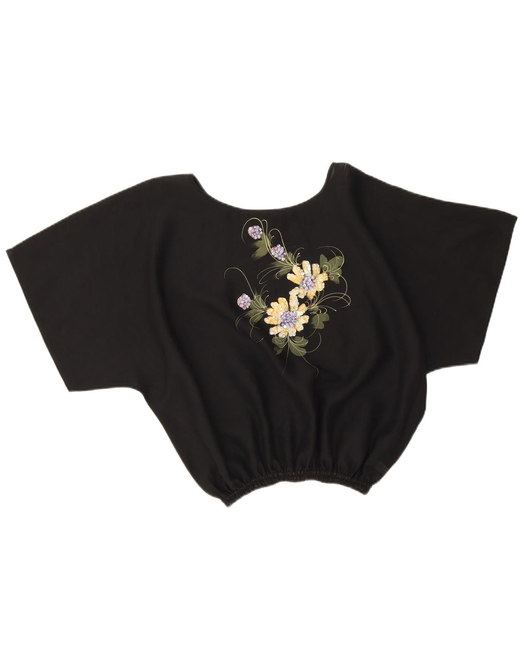 Vintage mujer crop blusa top Reino Unido 16 poliéster floral negro grande