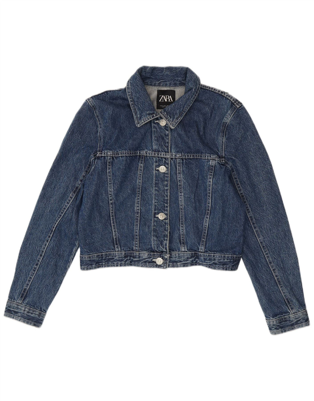 Zara Mujer Crop Denim Chaqueta UK 10 Small Azul Algodón