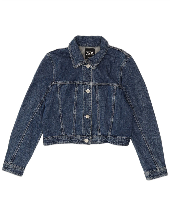 Zara Mujer Crop Denim Chaqueta UK 10 Small Azul Algodón