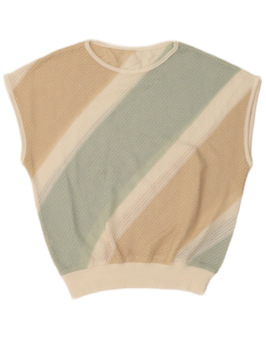 VINTAGE Chaleco de mujer Camiseta sin mangas Reino Unido 16 Rayas beige grandes