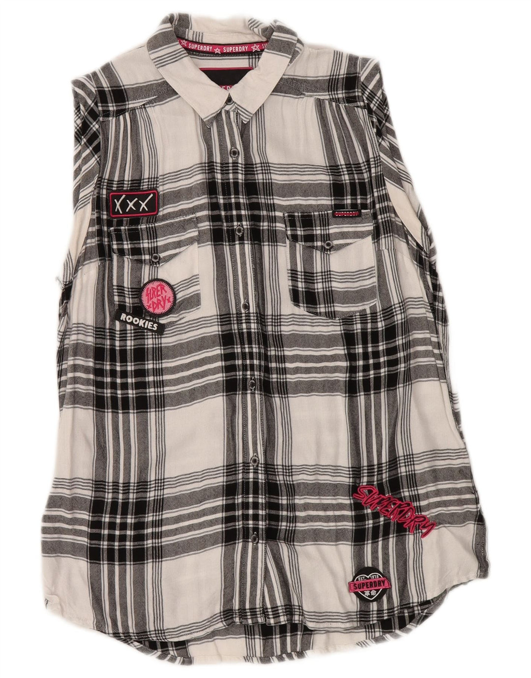 Superdry Camisa De Franela Gráfica Para Mujer, UK 44, Viscosa A Cuadros Negra Mediana