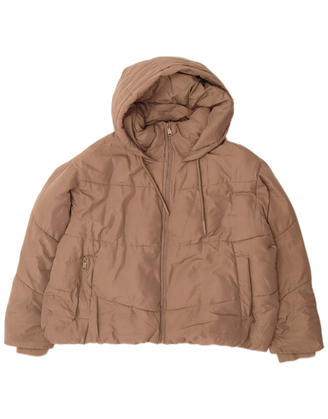 Zara Mujer Chaqueta Acolchada Corta Extragrande Con Capucha UK 20 2XL Poliéster Beige