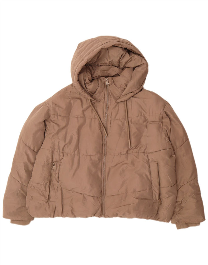 Zara Mujer Chaqueta Acolchada Corta Extragrande Con Capucha UK 20 2XL Poliéster Beige