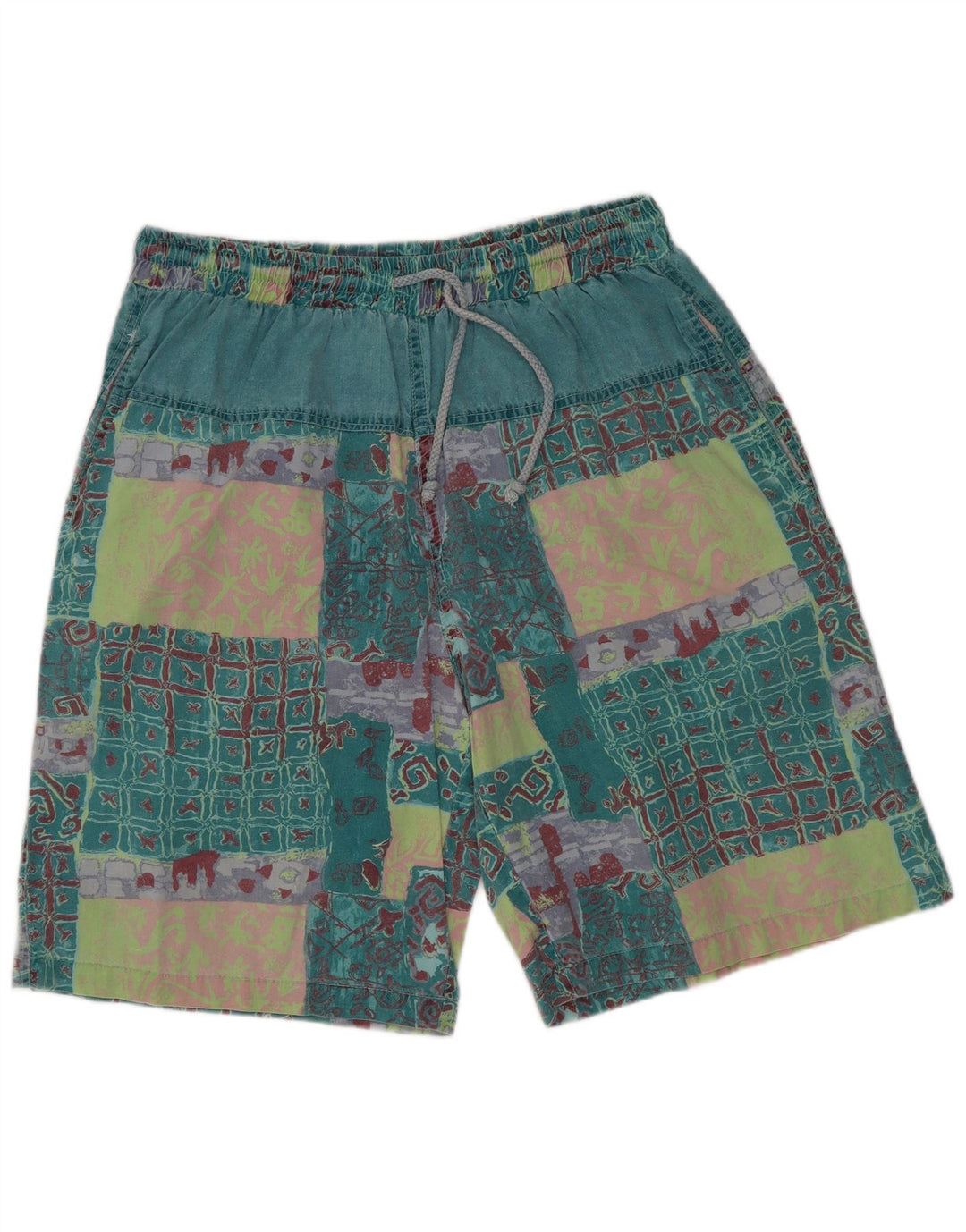 Vintage hombres gráfico casual pantalones cortos XL W32 verde patchwork algodón