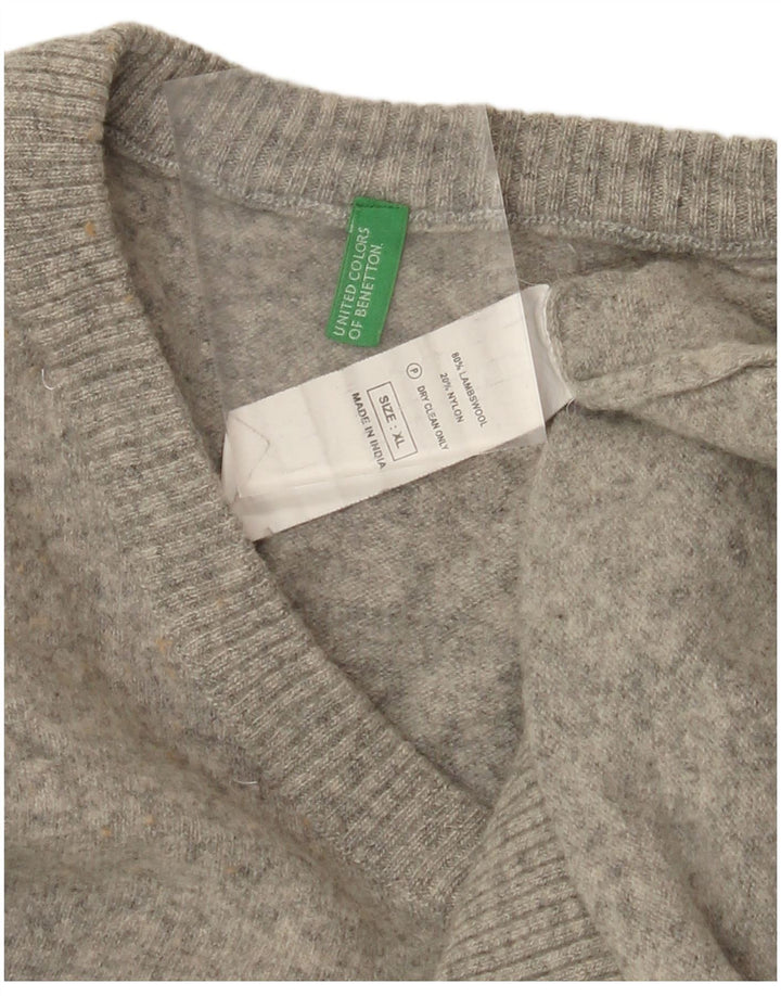 BENETTON Jersey con cuello en V para mujer UK 40 XL Lana de cordero gris
