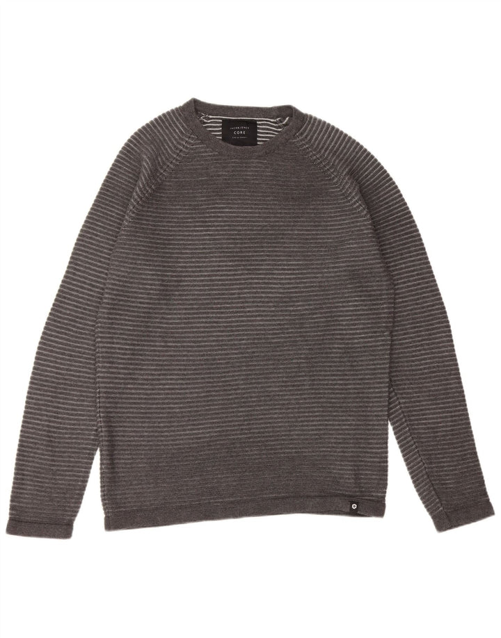 JACK & JONES Jersey tipo jersey con cuello redondo para hombre, talla grande, gris, a rayas