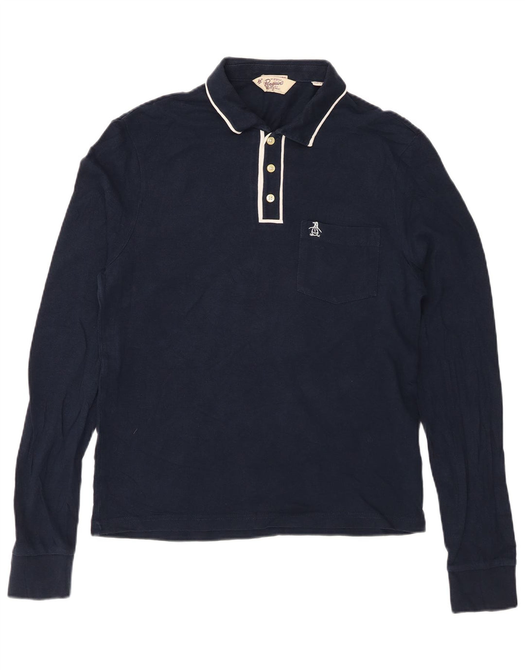 PENGUIN Polo Heritage de manga larga para hombre, corte entallado, azul marino mediano