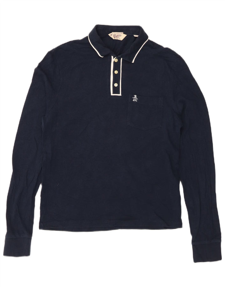 PENGUIN Polo Heritage de manga larga para hombre, corte entallado, azul marino mediano